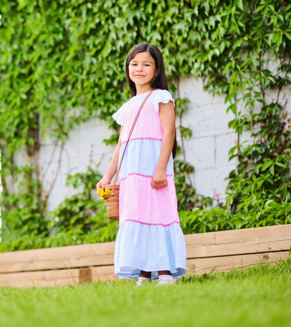Girls Mixed Seersucker Strappy Midi Dress
