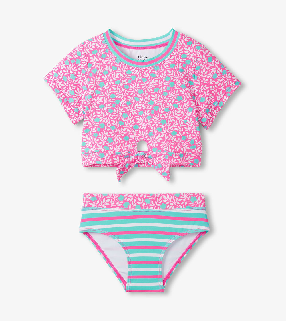 Girls Pink Floral Stripes Tie-Front Two-Piece Swimsuit