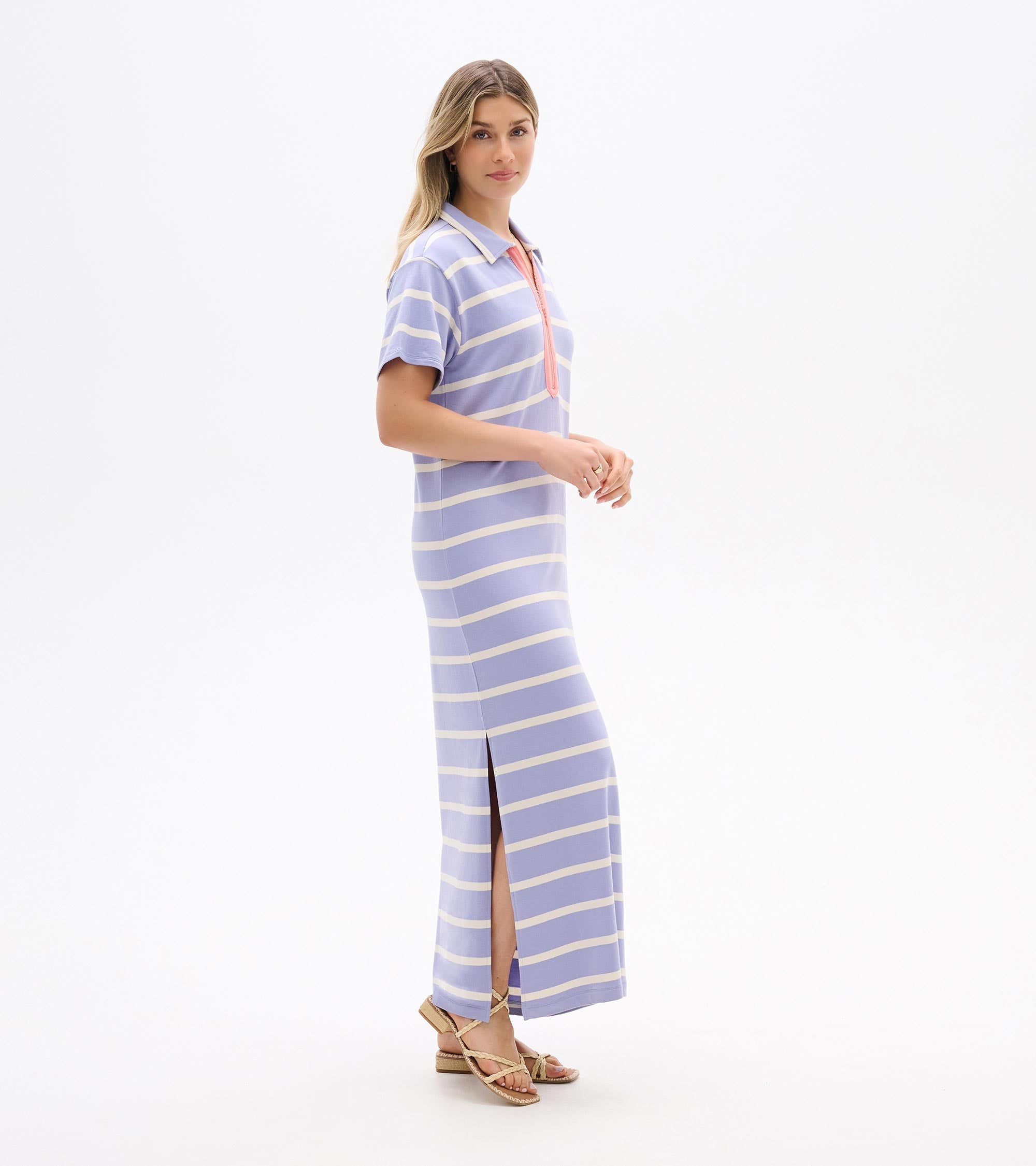 Contrast Zip Maxi Dress - Pale Iris Stripes