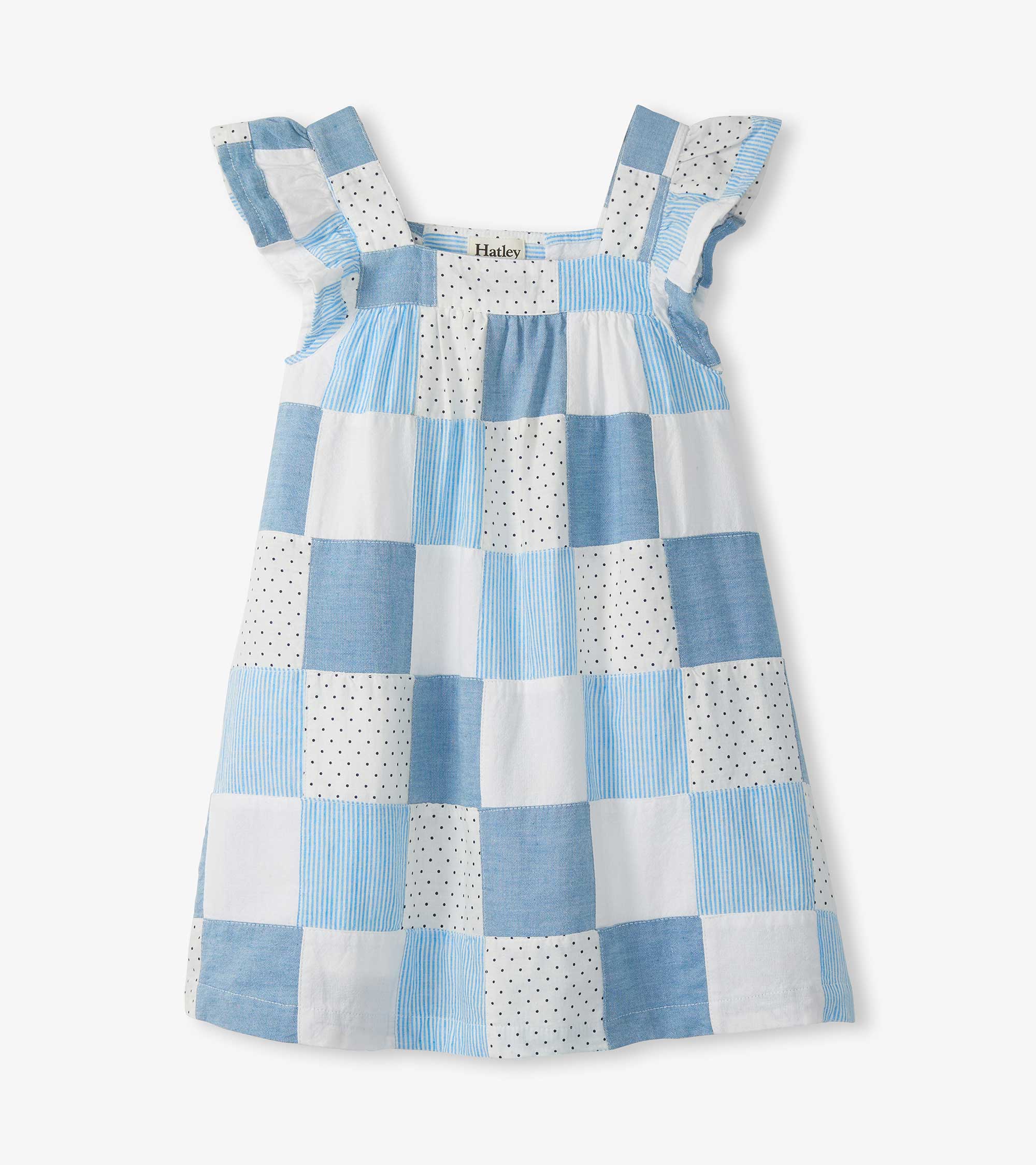 Girls Chambray Patches Flutter Puff Dress