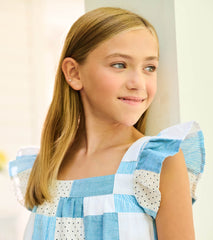 Girls Chambray Patches Flutter Puff Dress