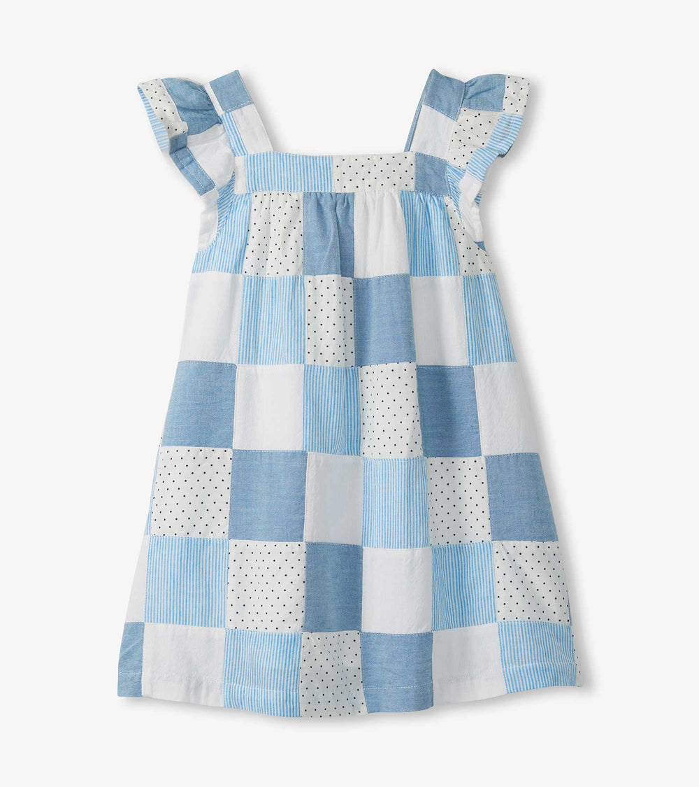 Girls Chambray Patches Flutter Puff Dress