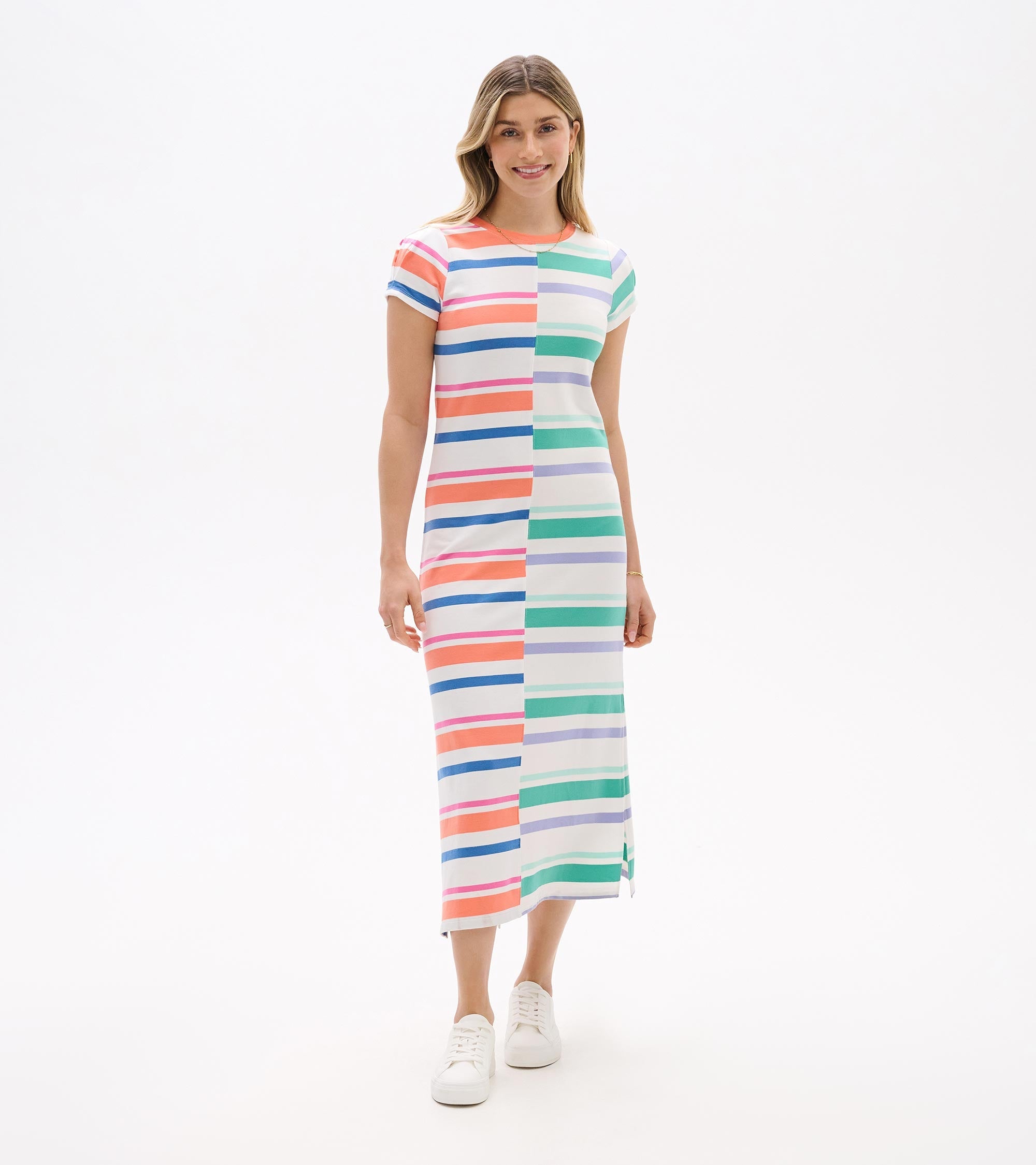 Pleated Sleeve Midi Dress - Offset Stripes