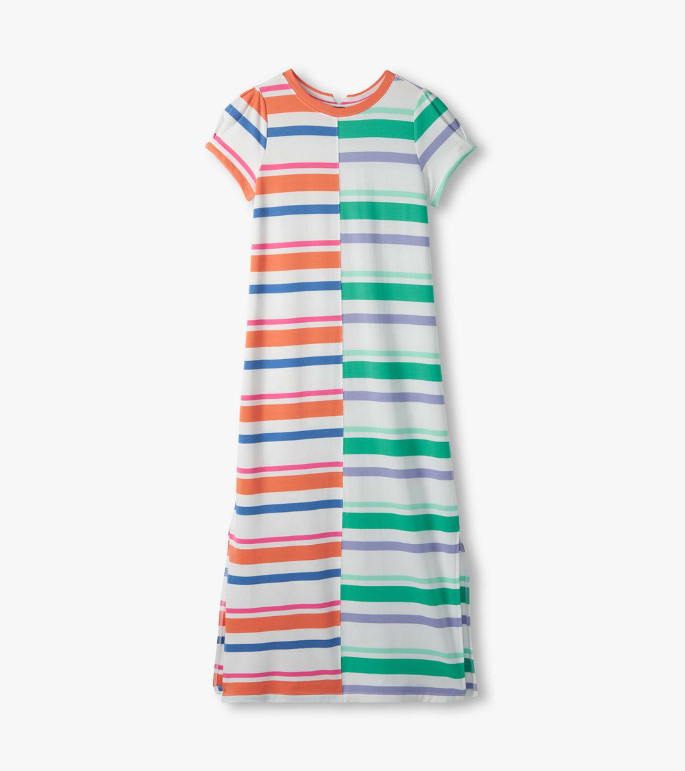 Pleated Sleeve Midi Dress - Offset Stripes