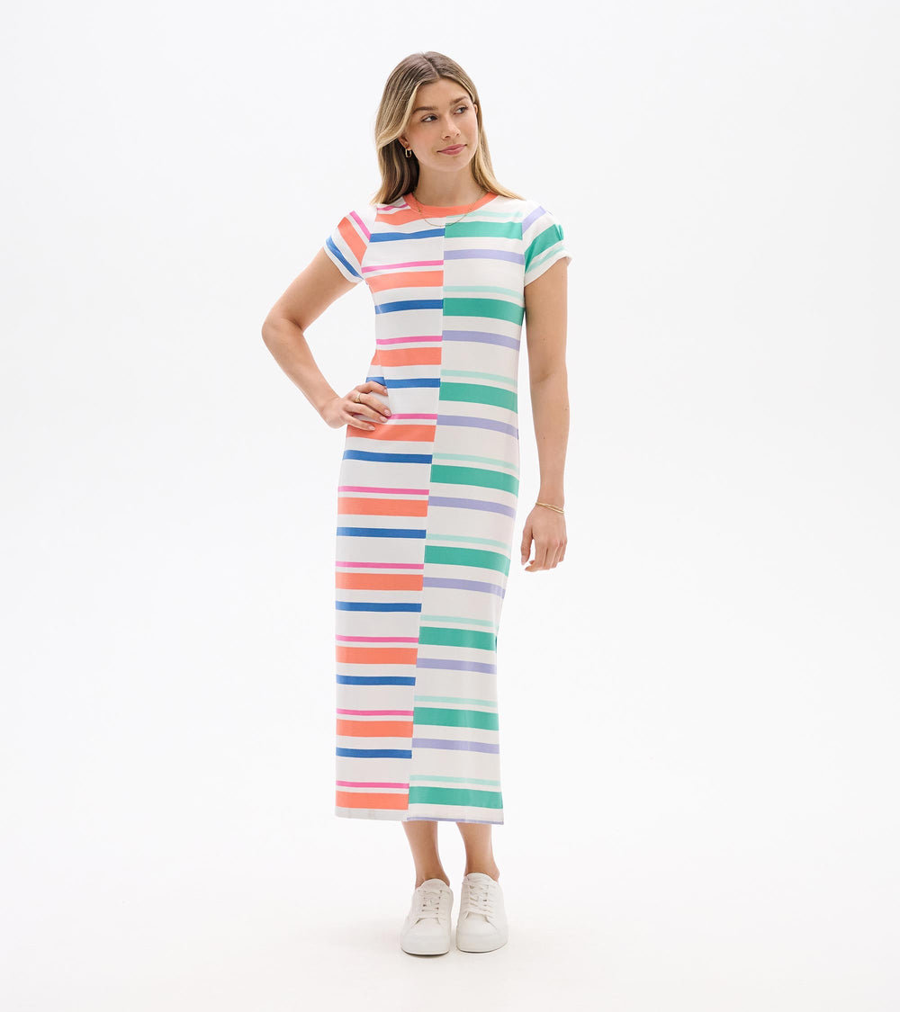 Pleated Sleeve Midi Dress - Offset Stripes
