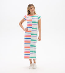 Pleated Sleeve Midi Dress - Offset Stripes