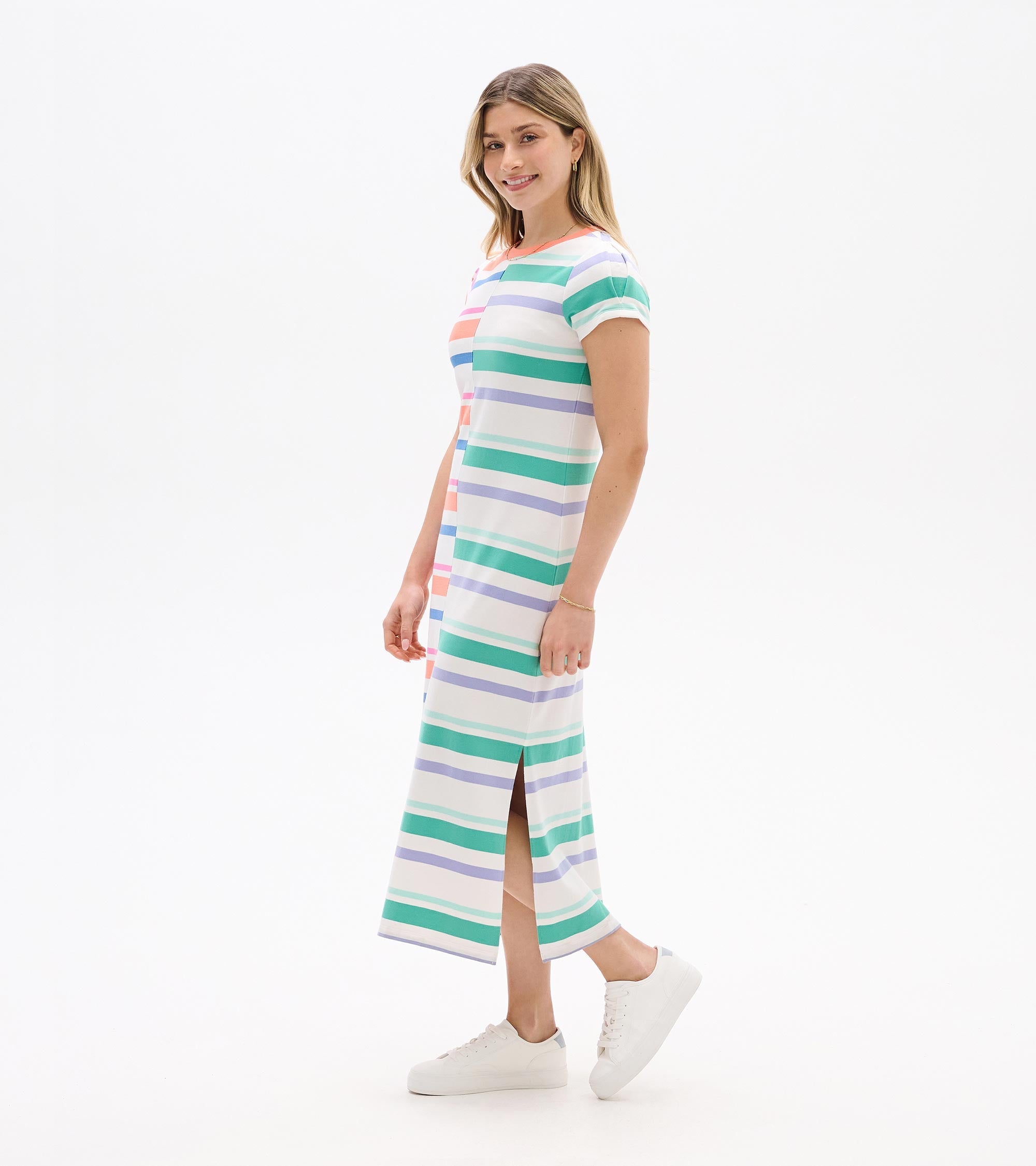 Pleated Sleeve Midi Dress - Offset Stripes