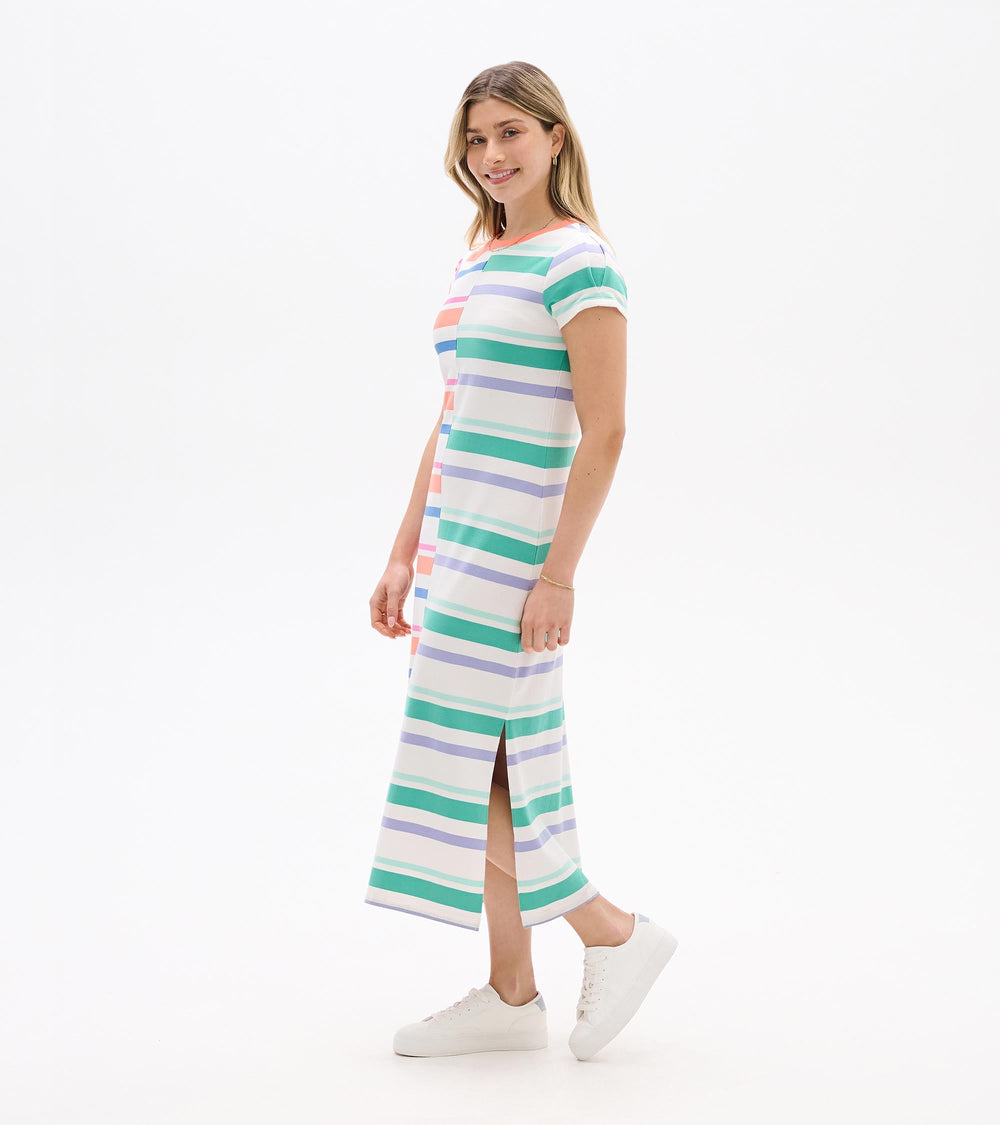 Pleated Sleeve Midi Dress - Offset Stripes