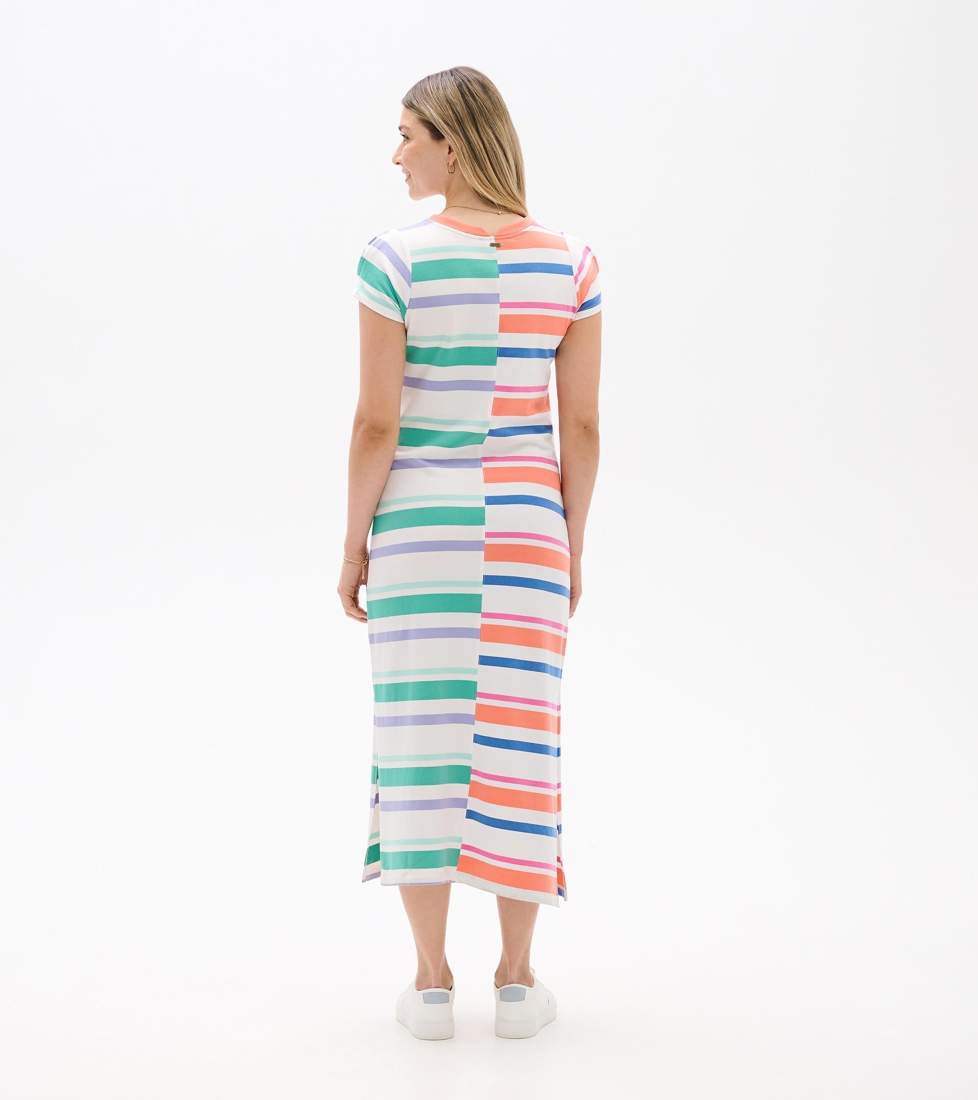 Pleated Sleeve Midi Dress - Offset Stripes