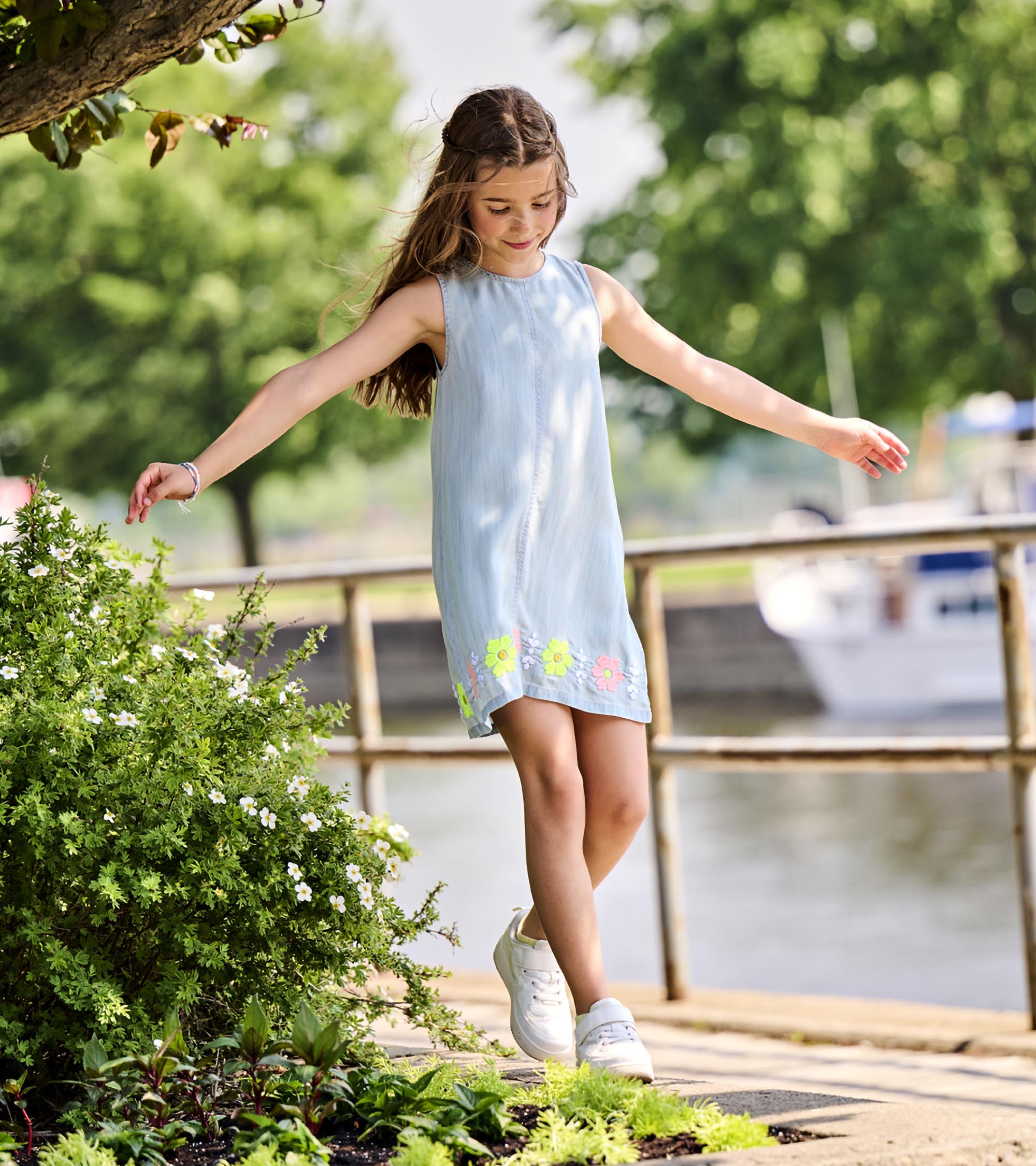 Girls Soft Blue Tencel Embroidered Pinafore Dress