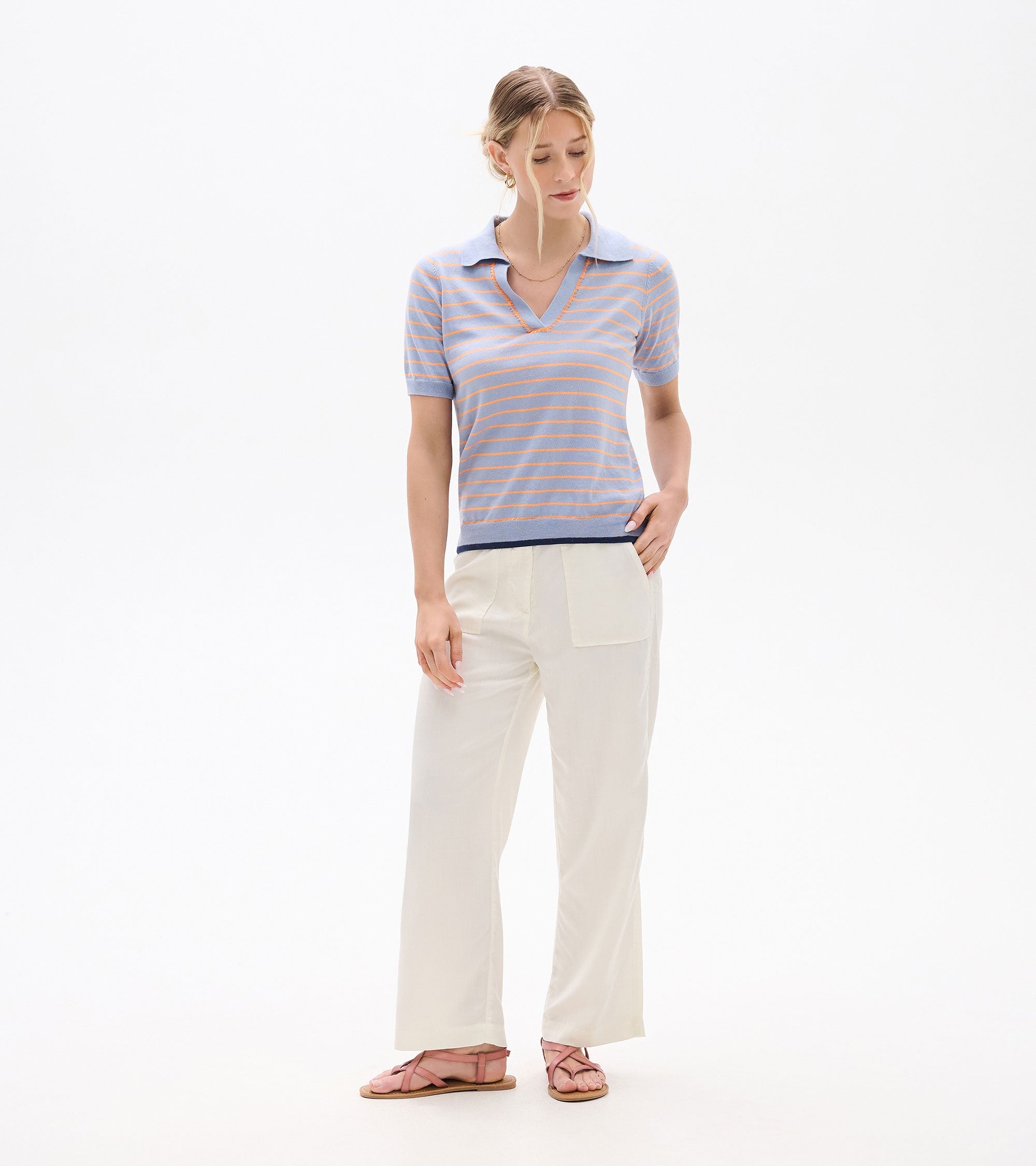 Johnny Collar Top - Serenity Stripe