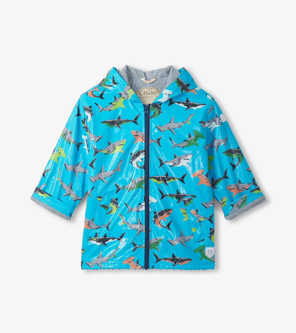 Boys Color Changing Shark Party Zip-Up Rain Jacket