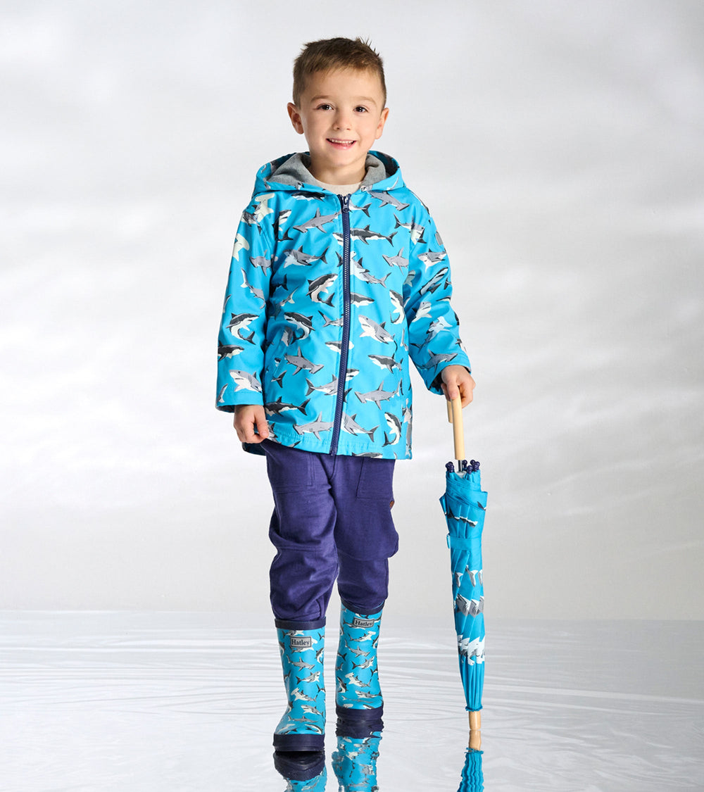Boys Color Changing Shark Party Zip-Up Rain Jacket