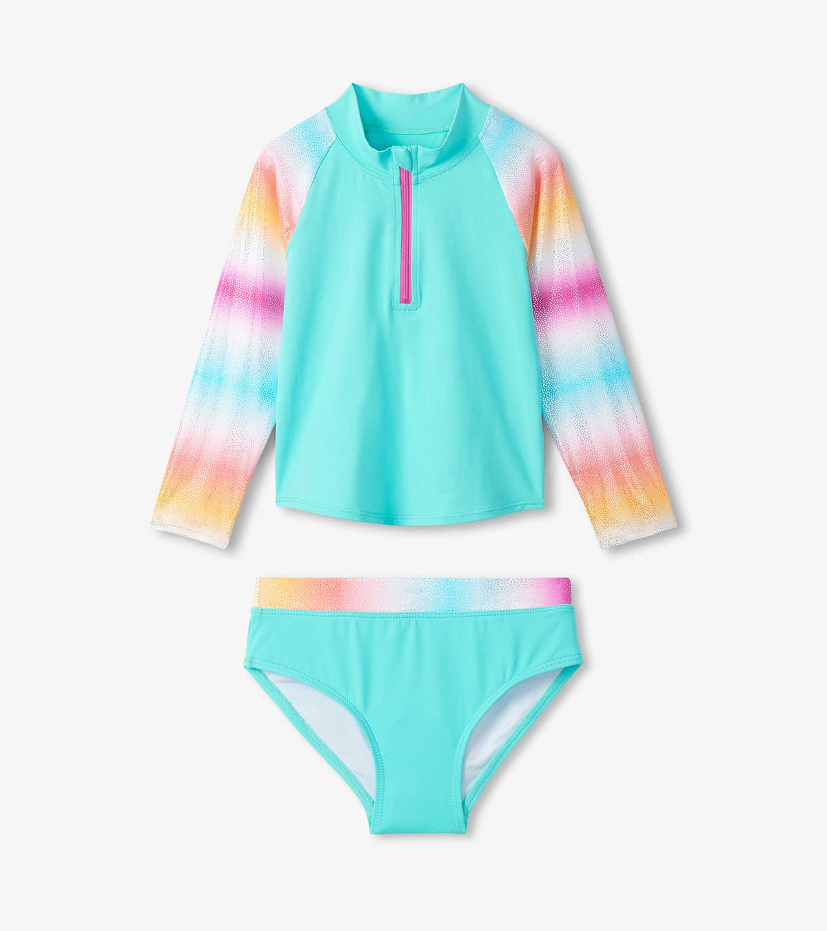 Girls Turquoise Shimmer Long Sleeve Two-Piece Rashguard Swimsuit