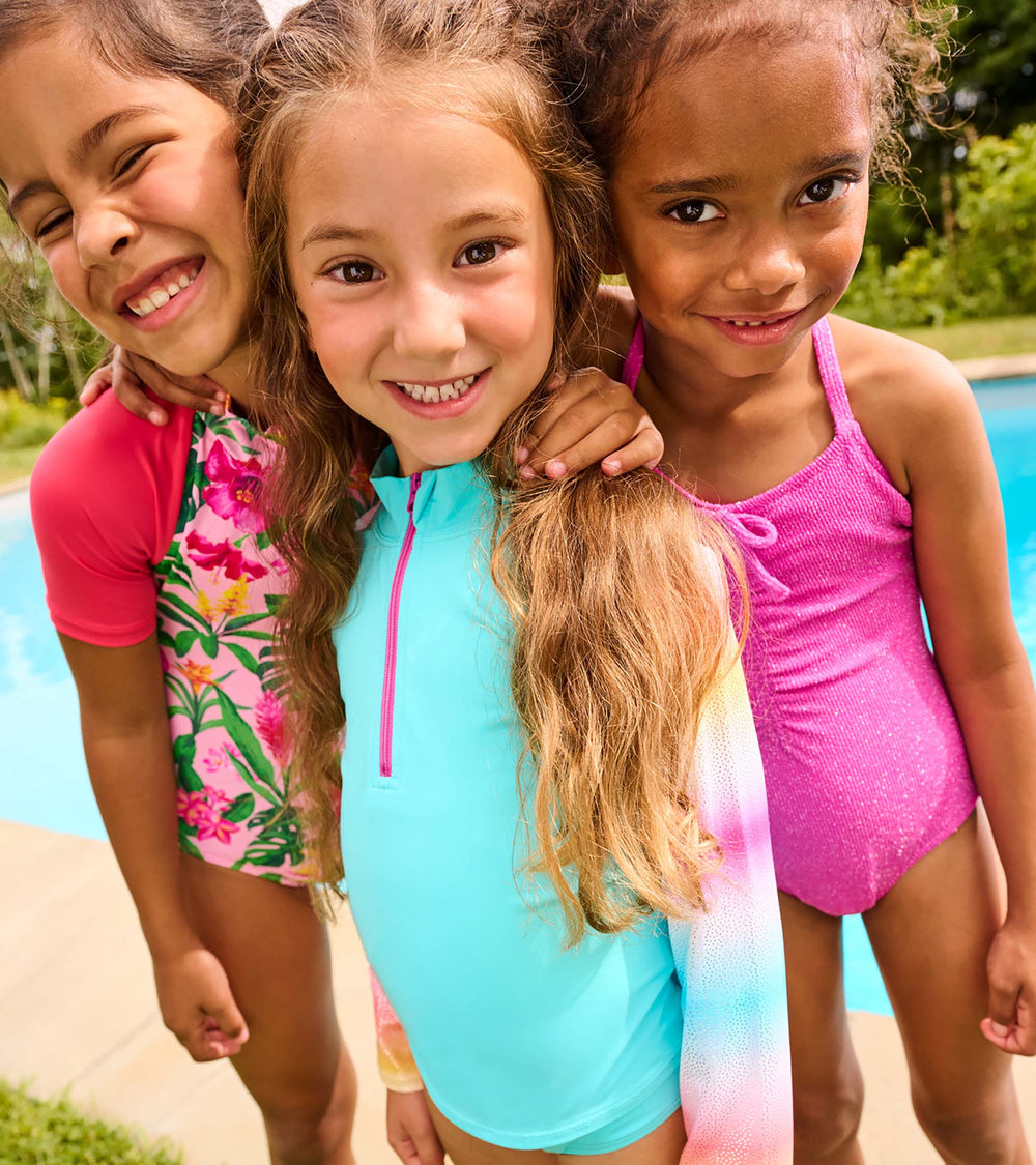 Girls Turquoise Shimmer Long Sleeve Two-Piece Rashguard Swimsuit